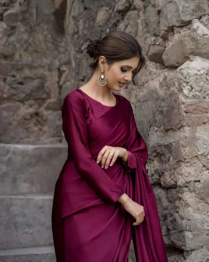Classical Plain Silk Saree Stitched Magenta