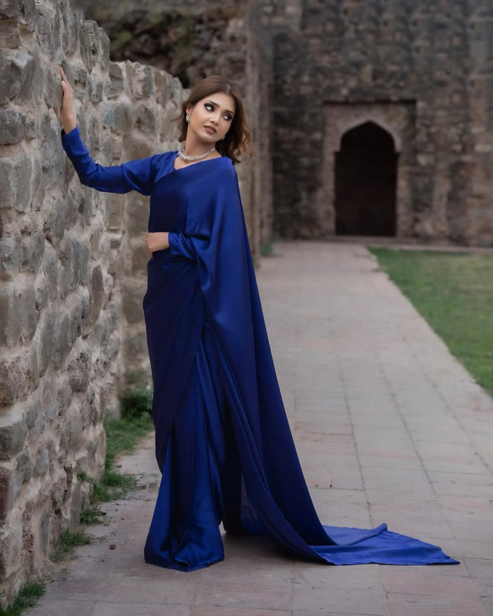 Classical Plain Silk Saree Stitched Royal Blue