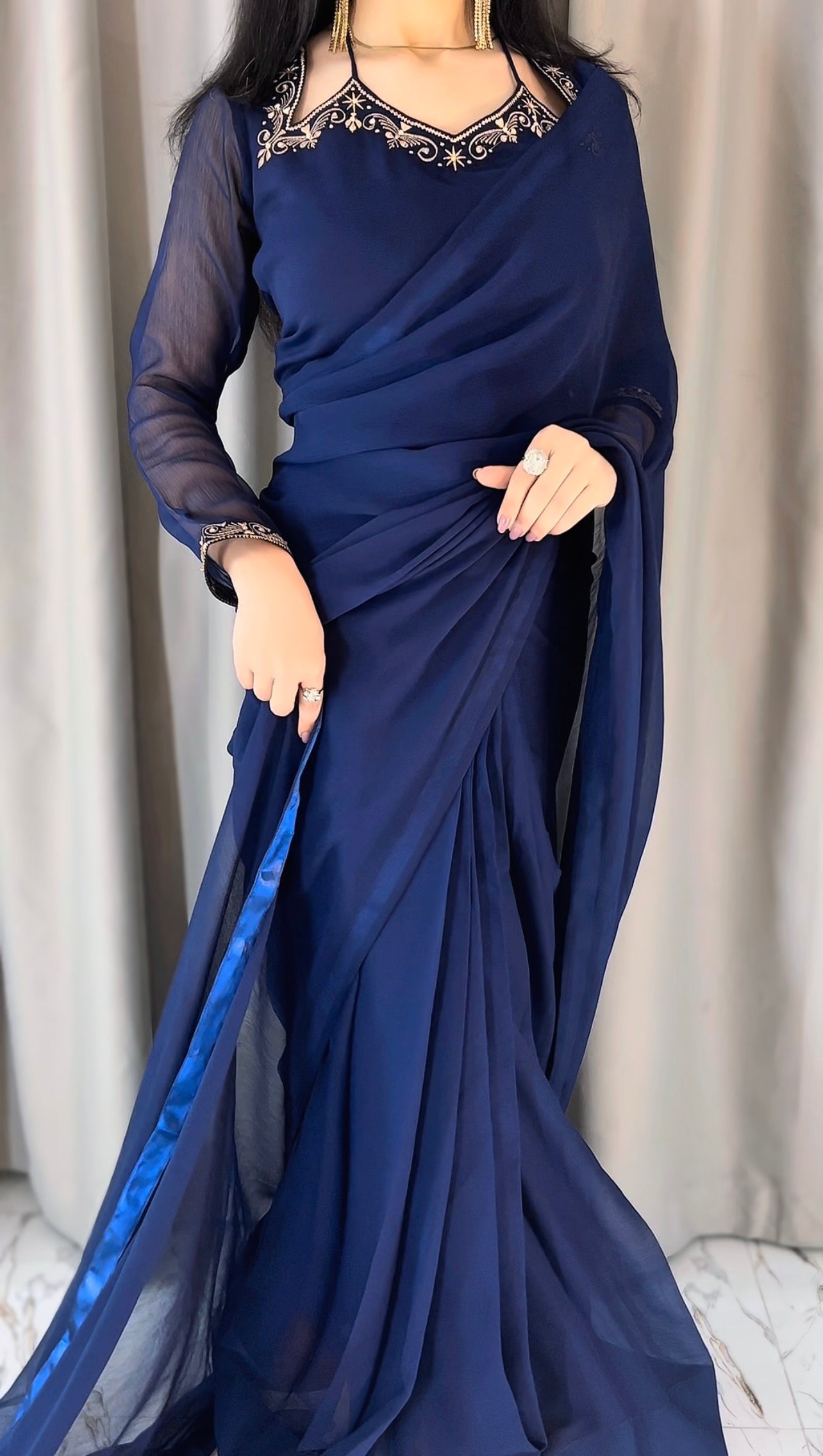Luxury Embroidered Chiffon Saree – Navy Blue