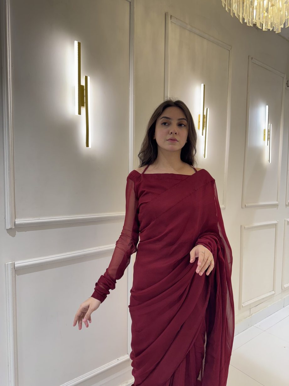 Maroon Chiffon Saree with Neck Dori Design