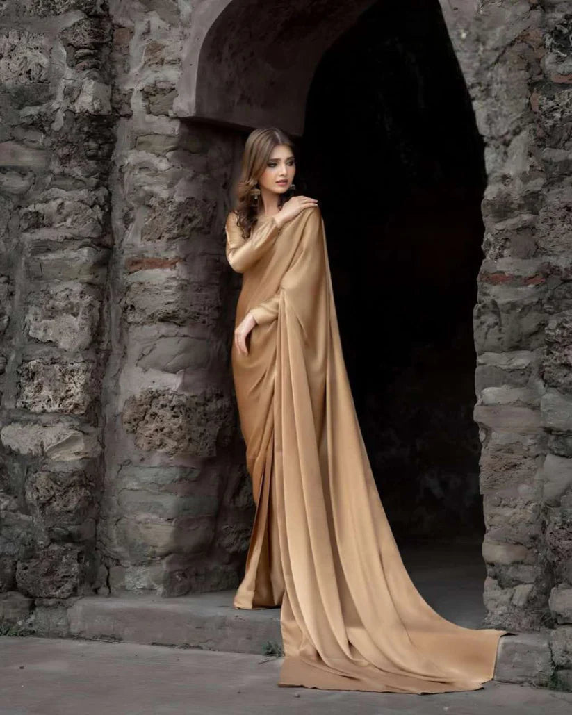 Classical Plain Silk Saree Stitched champagne Gold