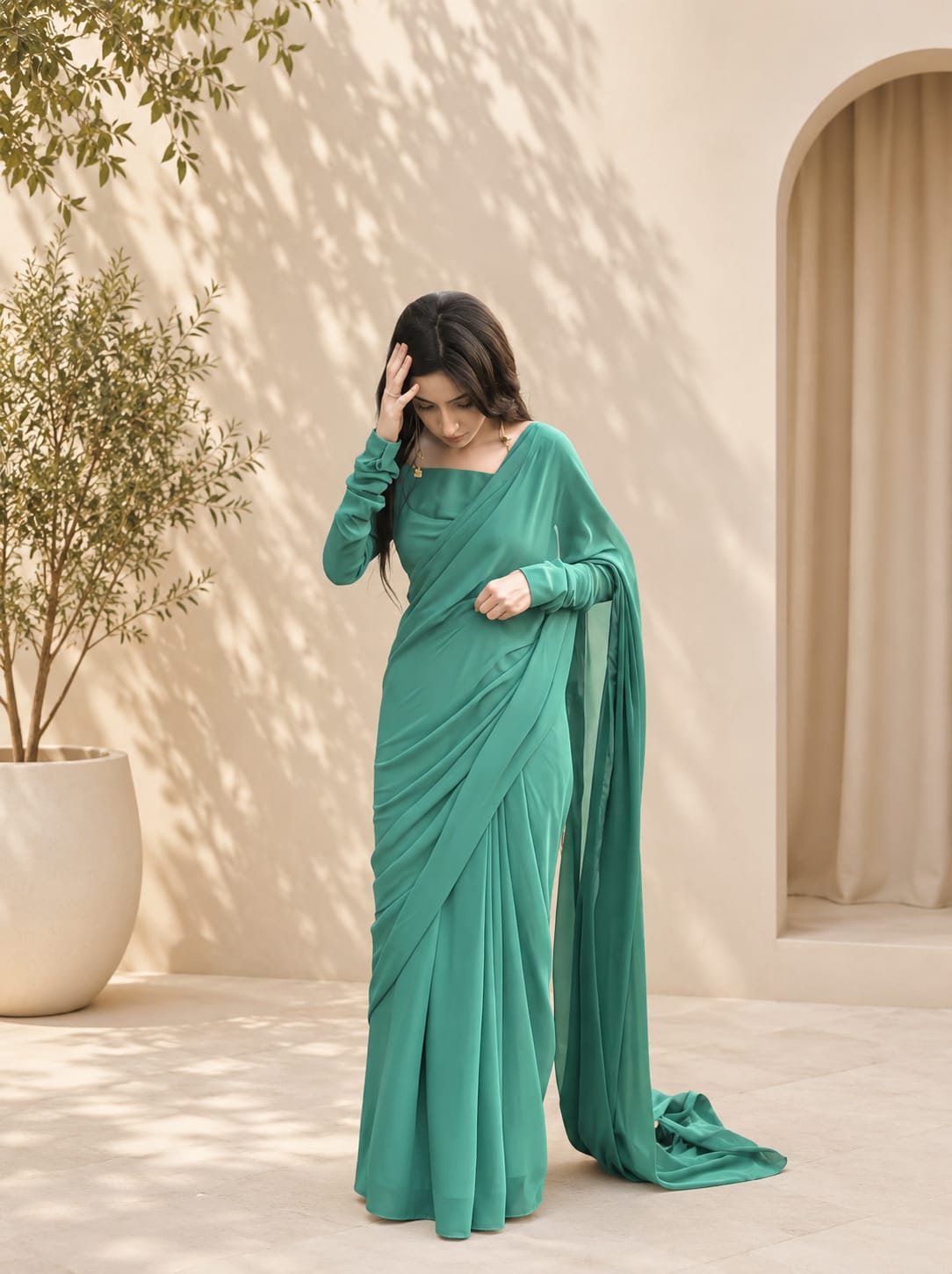 Teal Green Chiffon Saree – Party Wear