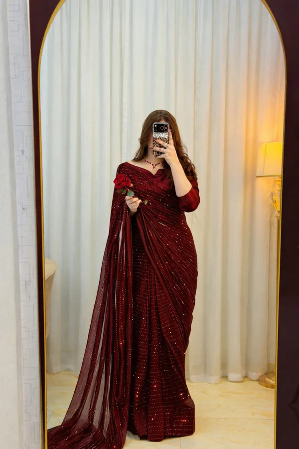 Maroon Sequin RhineStone Silk Saree