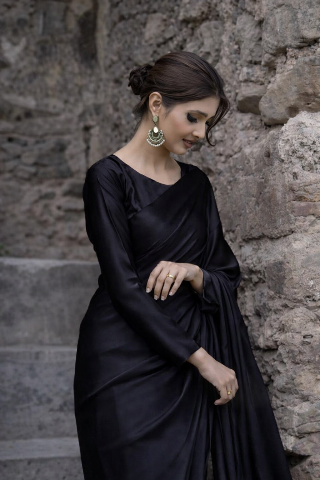 Classical Black Plain Silk Saree Stitched