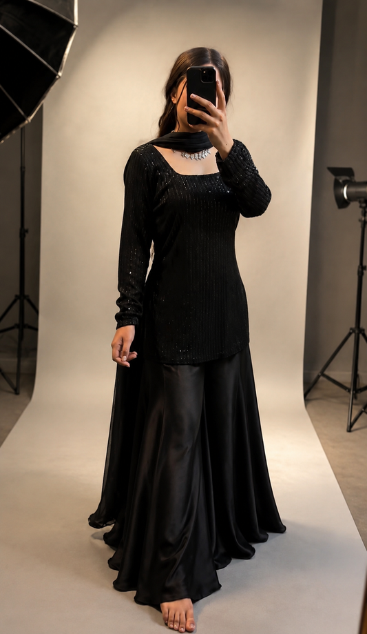 Black Sequin Shirt with Silk Sharara Set