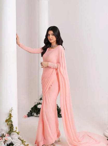 Peach Pink Chiffon Saree