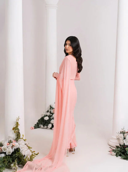 Peach Pink Chiffon Saree