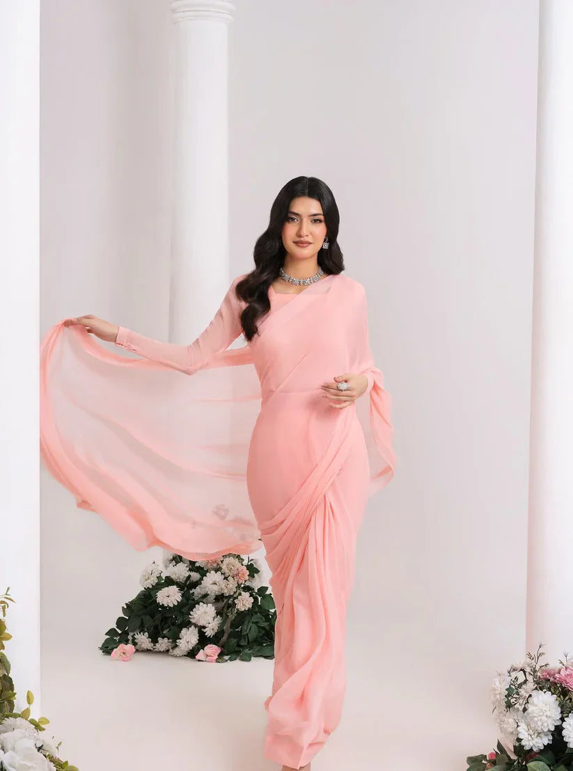 Peach Pink Chiffon Saree