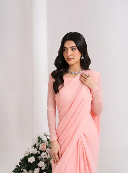 Peach Pink Chiffon Saree