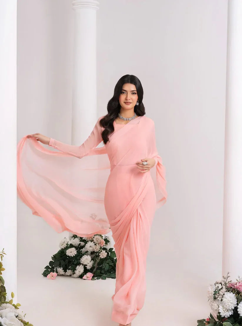 Peach Pink Chiffon Saree