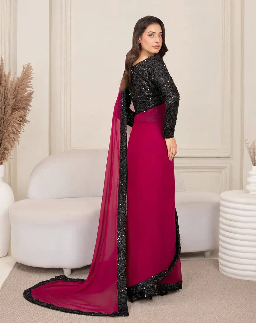 Luxury Wine Chiffon Saree with Black Sequin Border