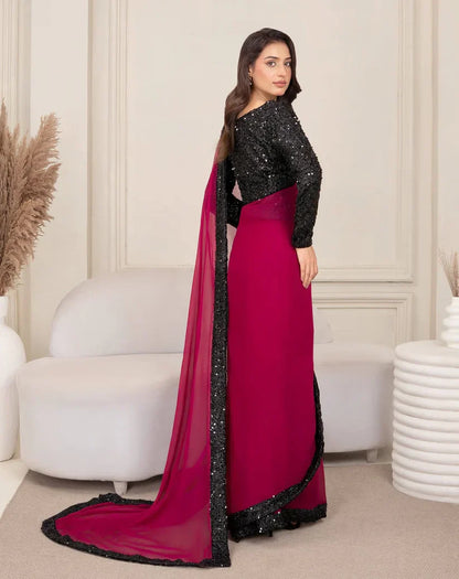 Luxury Wine Chiffon Saree with Black Sequin Border