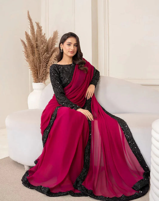 Luxury Wine Chiffon Saree with Black Sequin Border