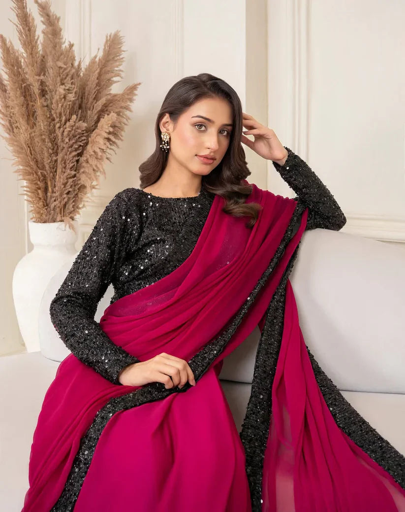Luxury Wine Chiffon Saree with Black Sequin Border