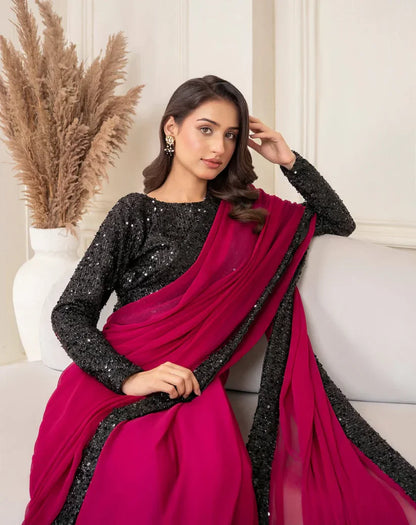 Luxury Wine Chiffon Saree with Black Sequin Border