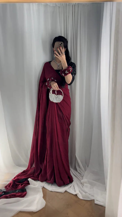 Maroon Chiffon Sequin Blouse Saree