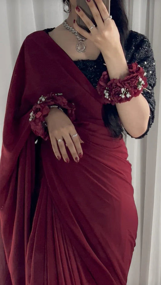 Maroon Chiffon Sequin Blouse Saree
