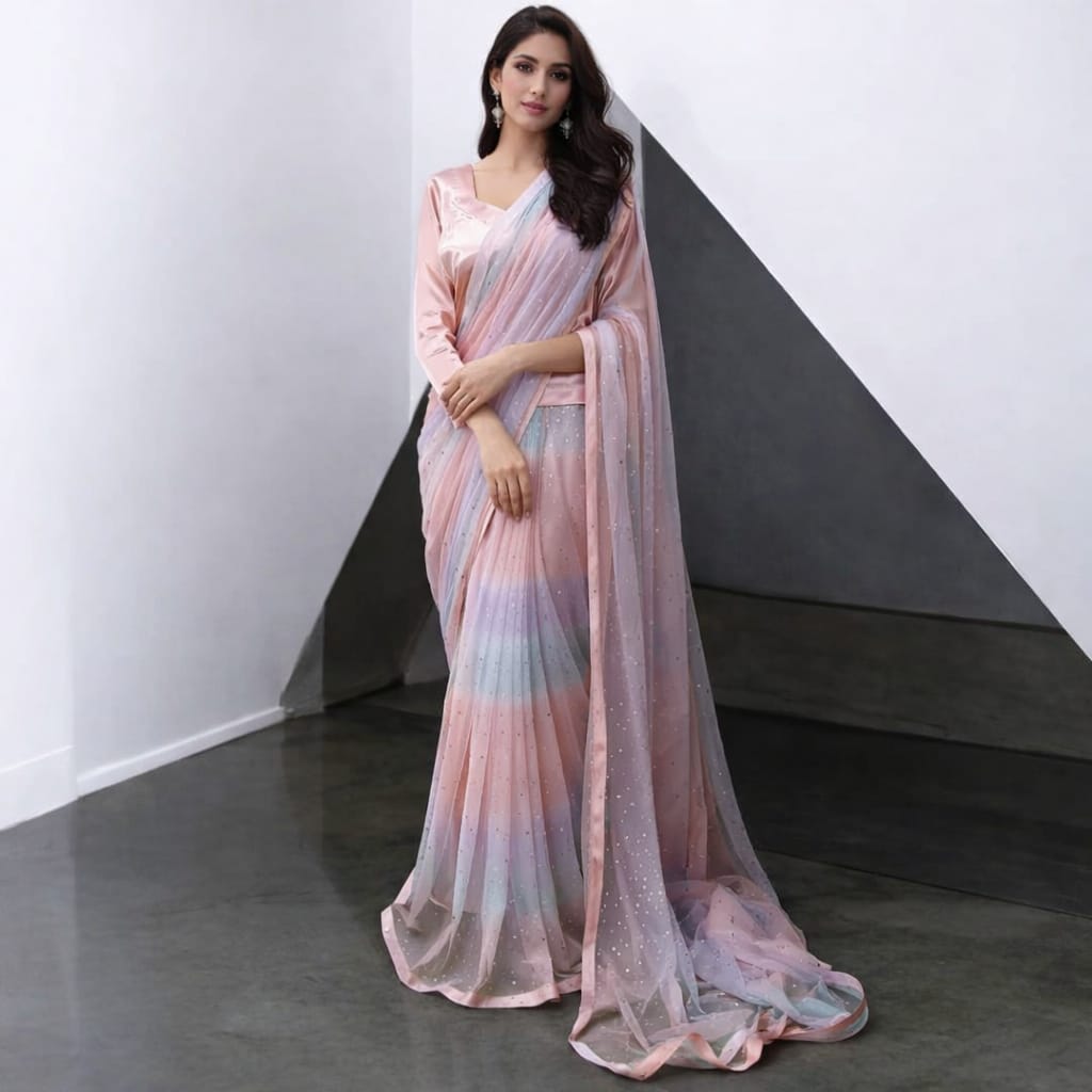 Pastel Ombre Net Saree with Subtle Sparkle