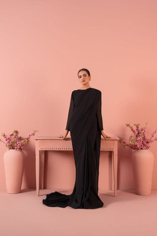 Elegant Black Chiffon Saree with Modern Draping