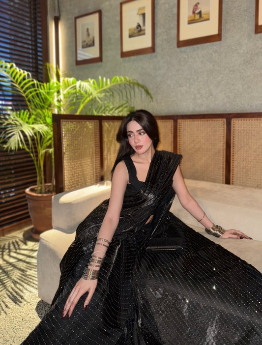 Midnight Black Sequin Shimmer Silk Saree | Sleeveless Blouse