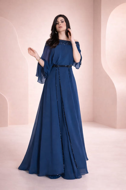 Blue Chiffon Maxi With Extra Layers & Handwork