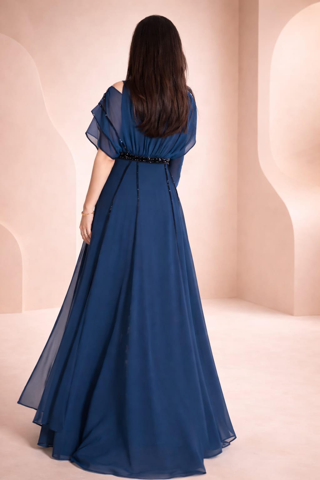 Blue Chiffon Maxi With Extra Layers & Handwork