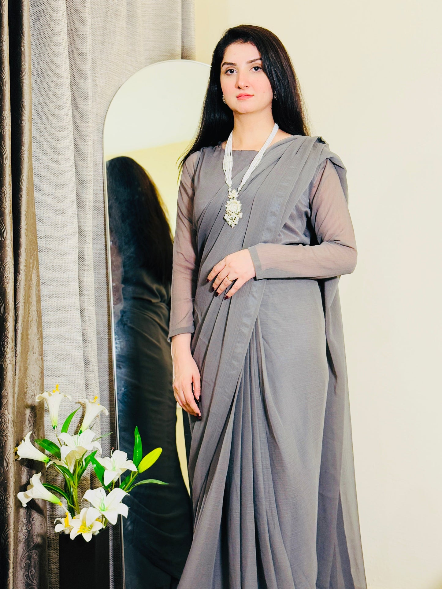 Elegant Grey Chiffon Saree