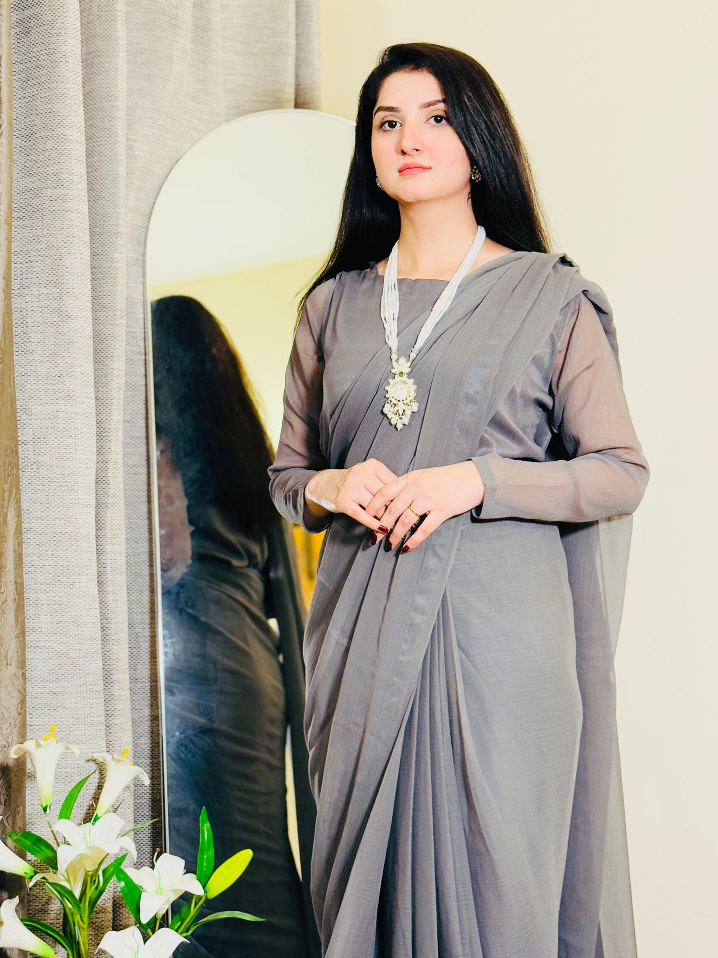 Elegant Grey Chiffon Saree