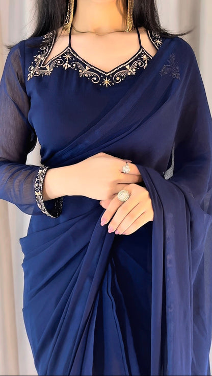 Luxury Embroidered Chiffon Saree – Navy Blue