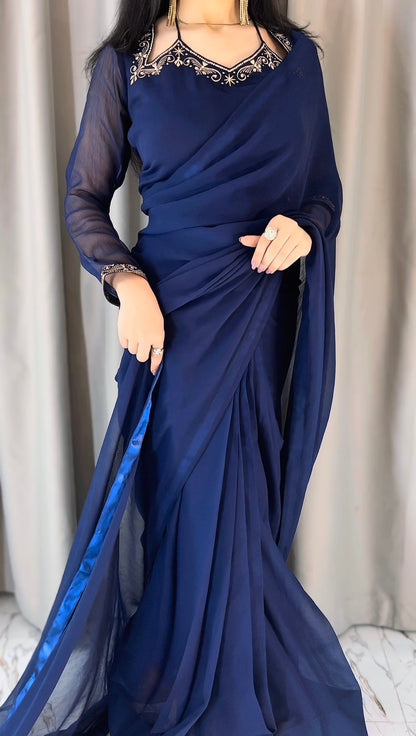 Luxury Embroidered Chiffon Saree – Navy Blue