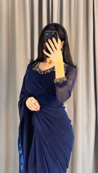 Luxury Embroidered Chiffon Saree – Navy Blue