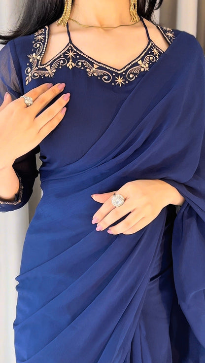 Luxury Embroidered Chiffon Saree – Navy Blue