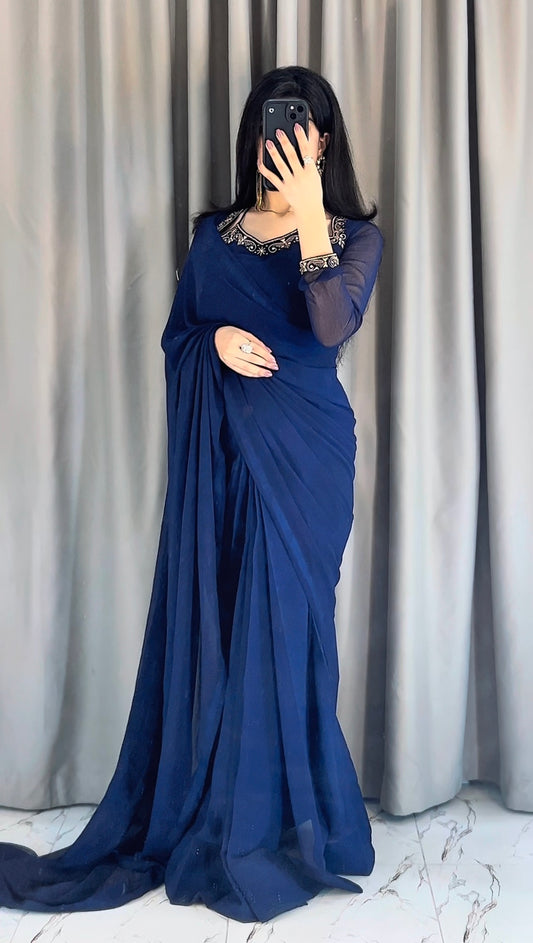 Luxury Embroidered Chiffon Saree – Navy Blue