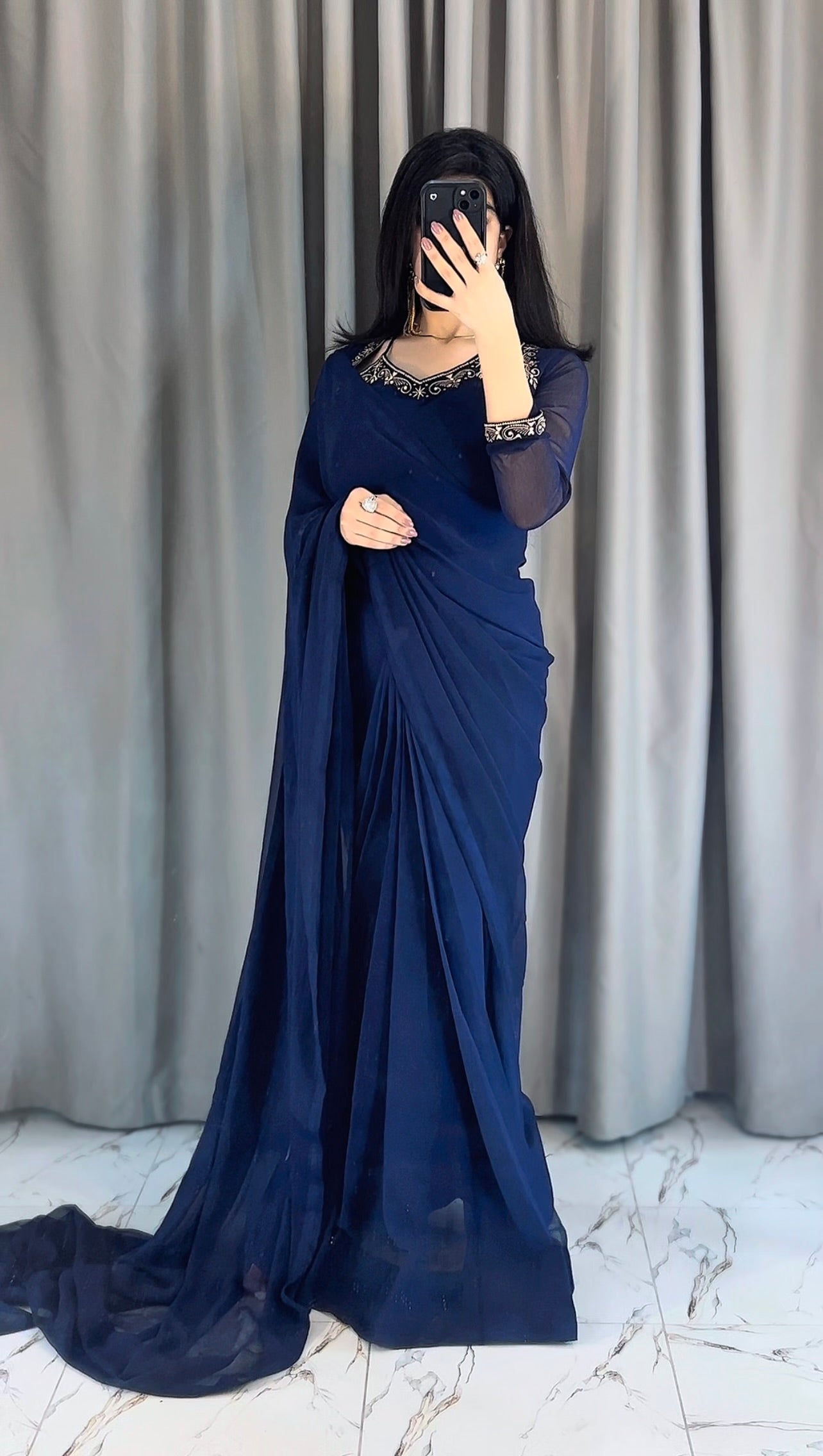 Luxury Embroidered Chiffon Saree – Navy Blue
