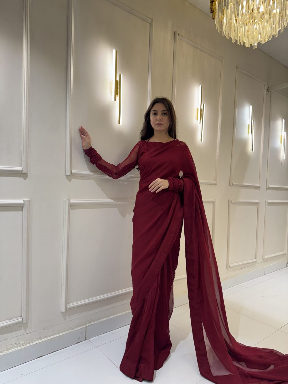 Maroon Chiffon Saree with Neck Dori Design