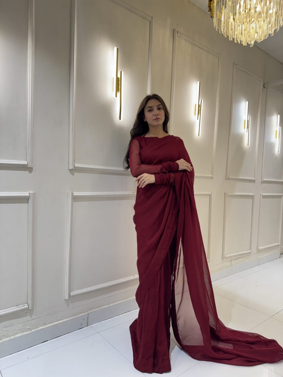 Maroon Chiffon Saree with Neck Dori Design