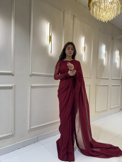 Maroon Chiffon Saree with Neck Dori Design