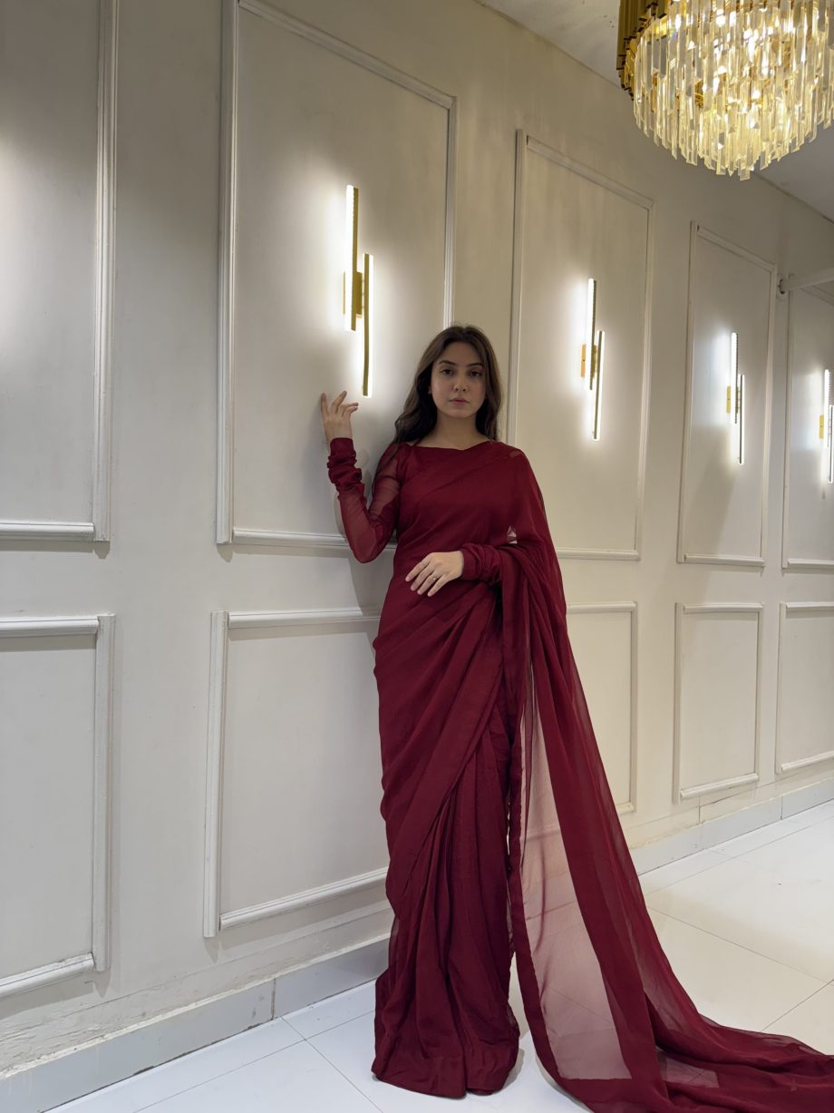 Maroon Chiffon Saree with Neck Dori Design