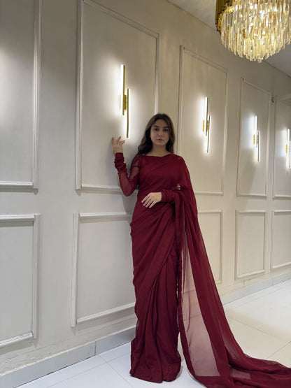 Maroon Chiffon Saree with Neck Dori Design