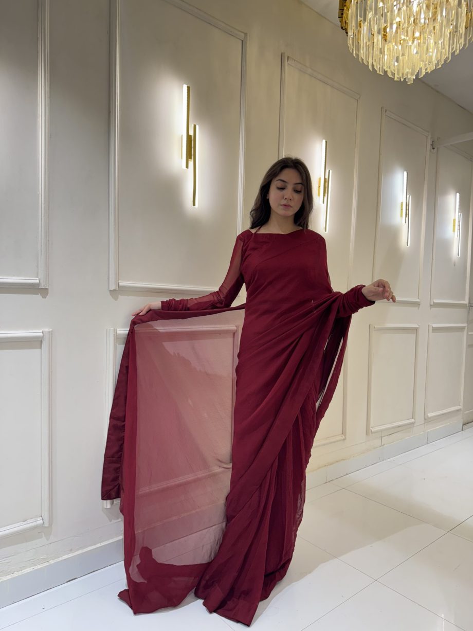 Maroon Chiffon Saree with Neck Dori Design
