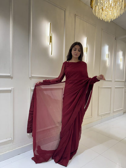Maroon Chiffon Saree with Neck Dori Design