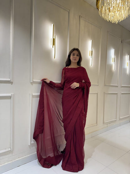 Maroon Chiffon Saree with Neck Dori Design