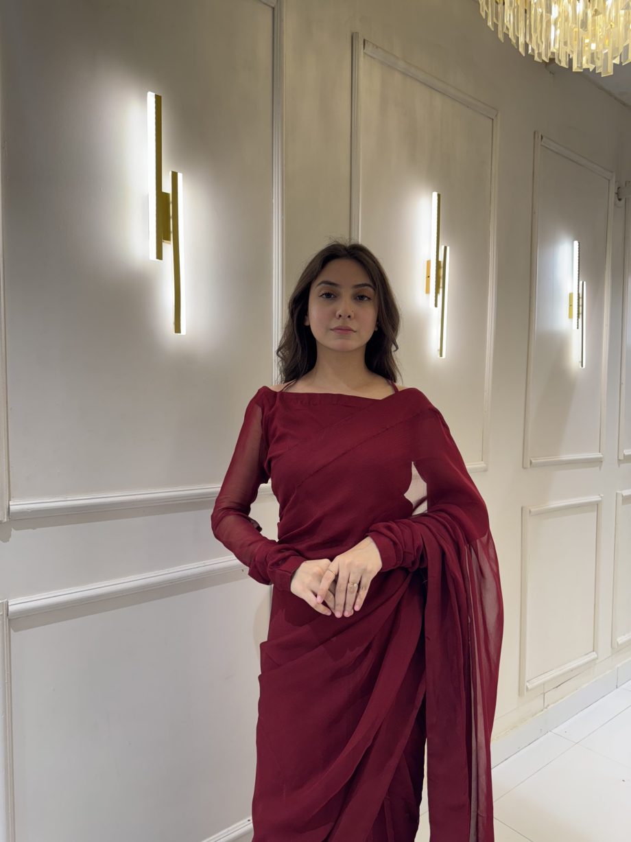 Maroon Chiffon Saree with Neck Dori Design
