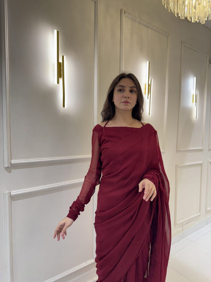 Maroon Chiffon Saree with Neck Dori Design