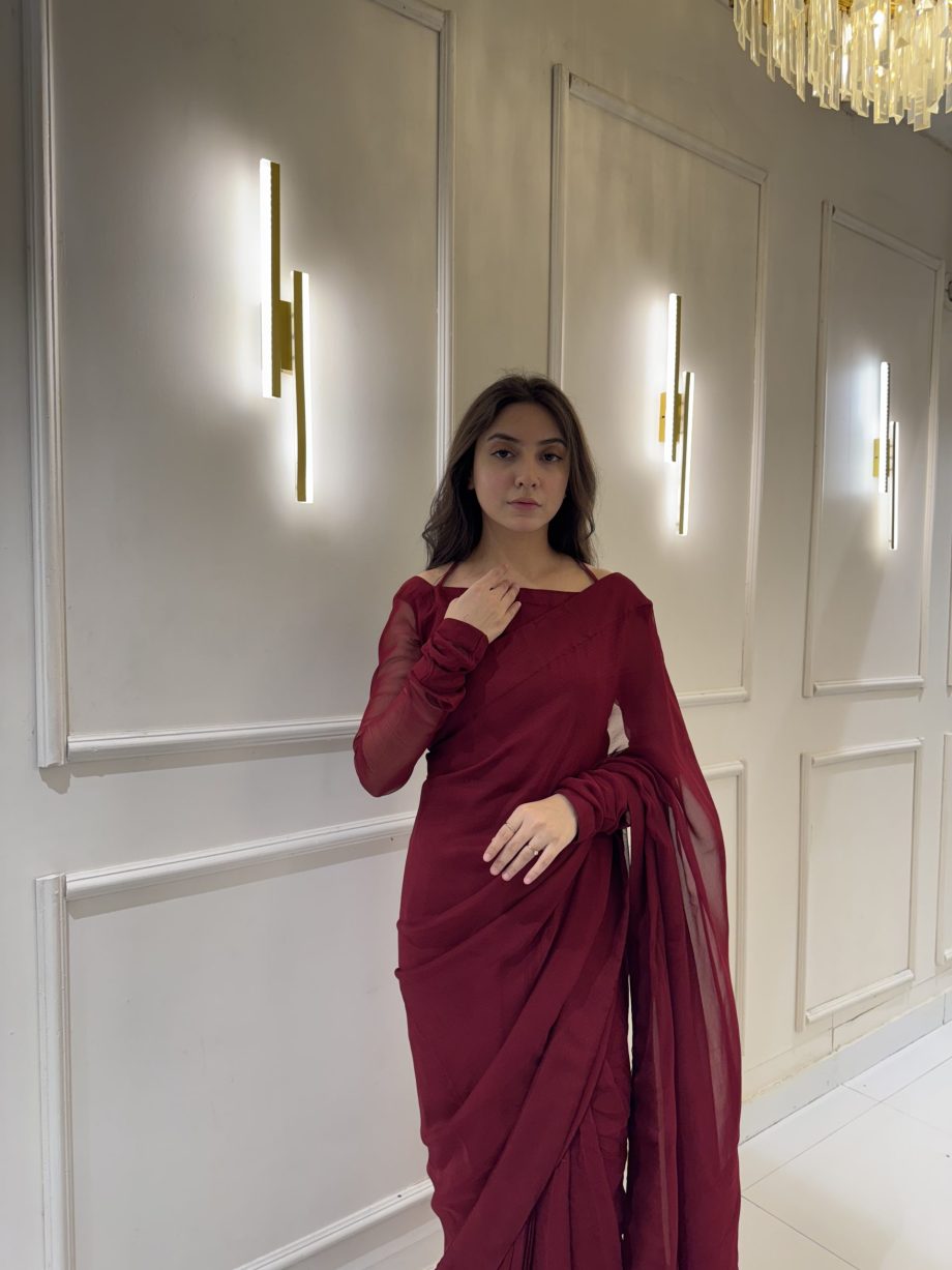 Maroon Chiffon Saree with Neck Dori Design