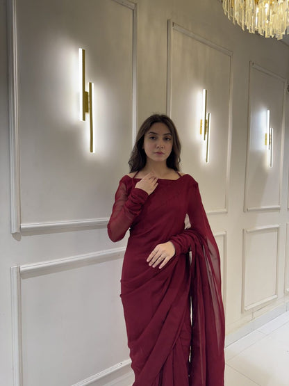 Maroon Chiffon Saree with Neck Dori Design