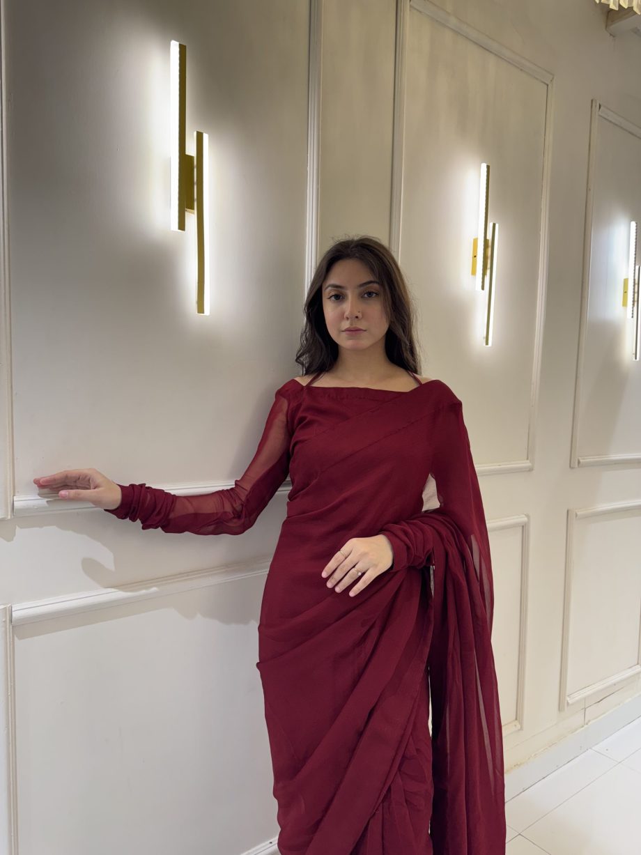 Maroon Chiffon Saree with Neck Dori Design