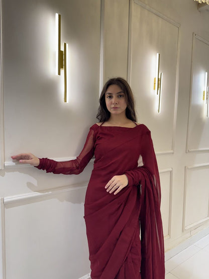 Maroon Chiffon Saree with Neck Dori Design