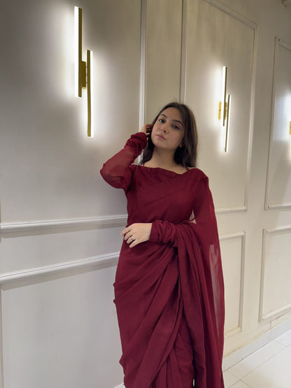 Maroon Chiffon Saree with Neck Dori Design