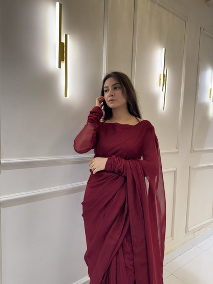 Maroon Chiffon Saree with Neck Dori Design